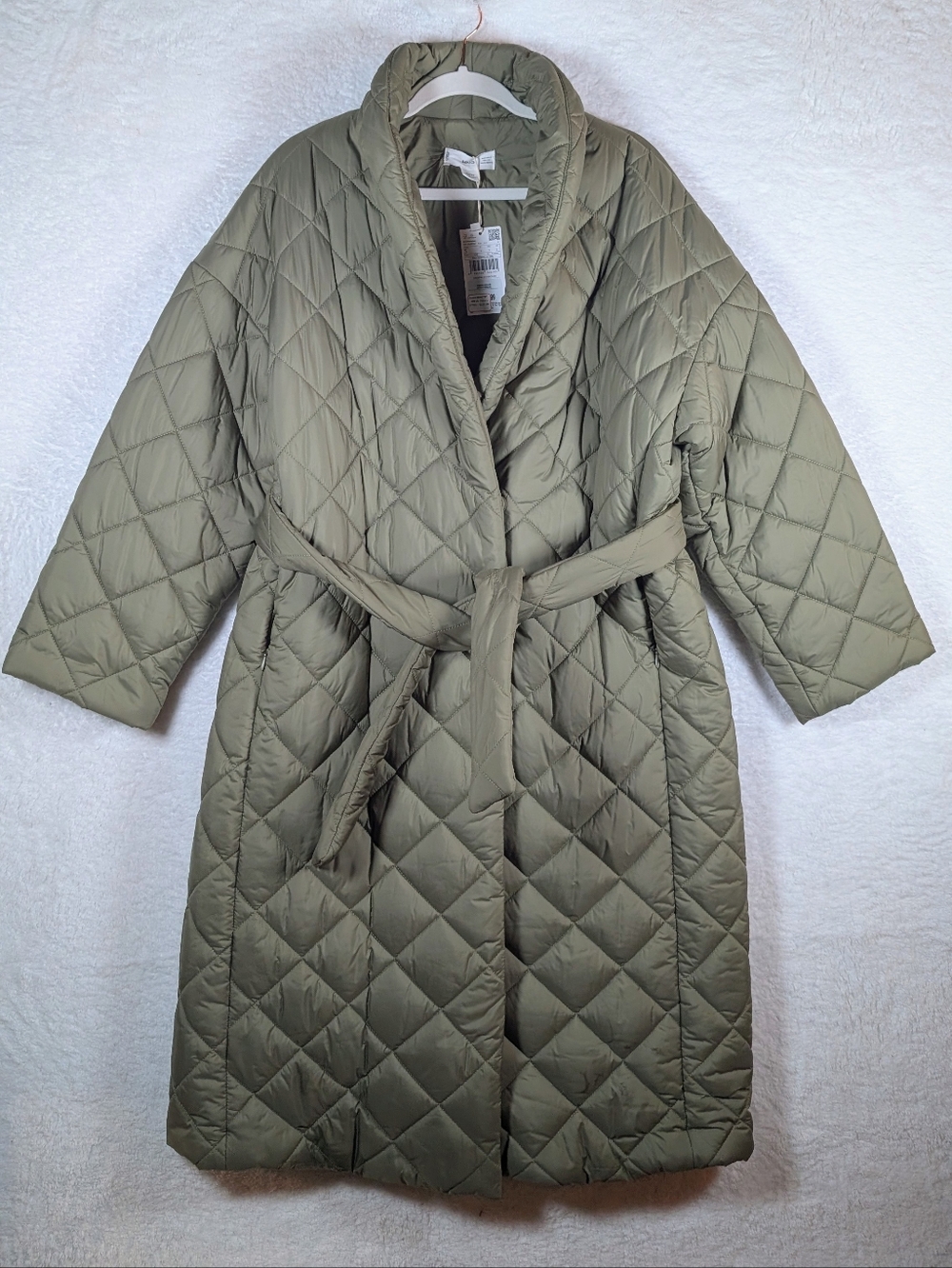 NWT Mango Quilted Olive Green Wrap Coat Oversize Fit Up To Large